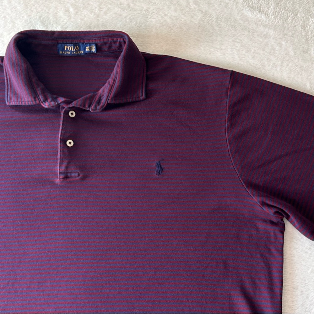 Polo Ralph Lauren Men's Polo Shirt Size XLT Burgundy Blue Striped Short Sleeve